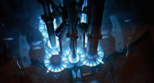 Electrons moving at the speed of light in water gives the blue hue.